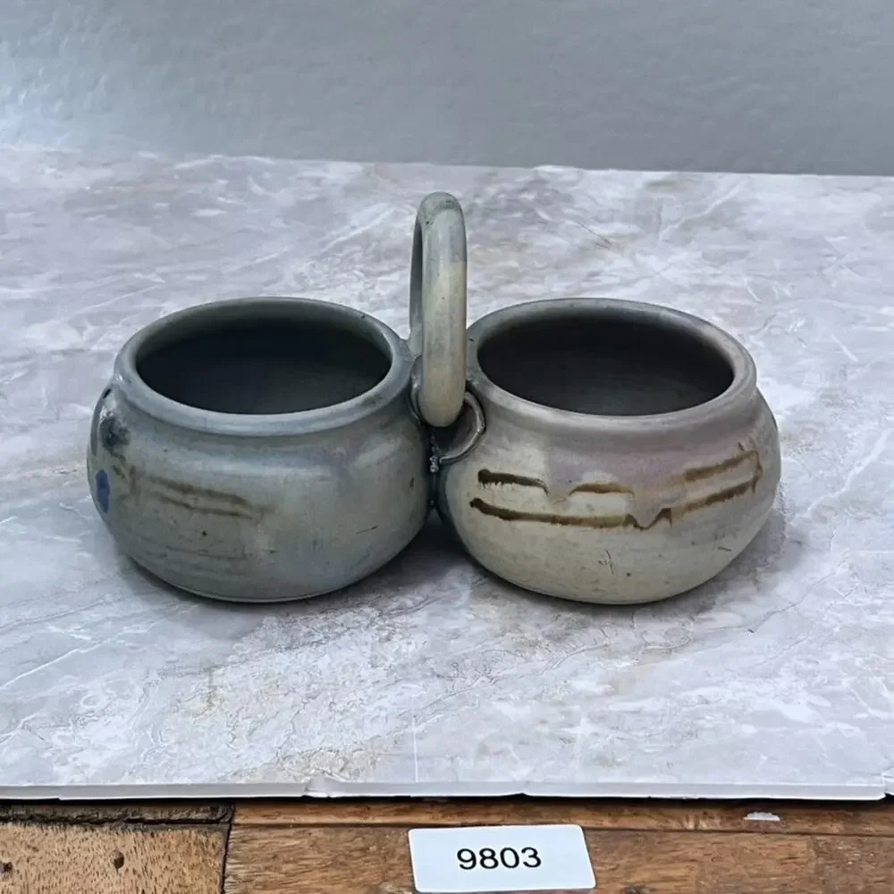 Studio Art Pottery Two Bowl Condiment Dish With Handle Stoneware Muted Colors